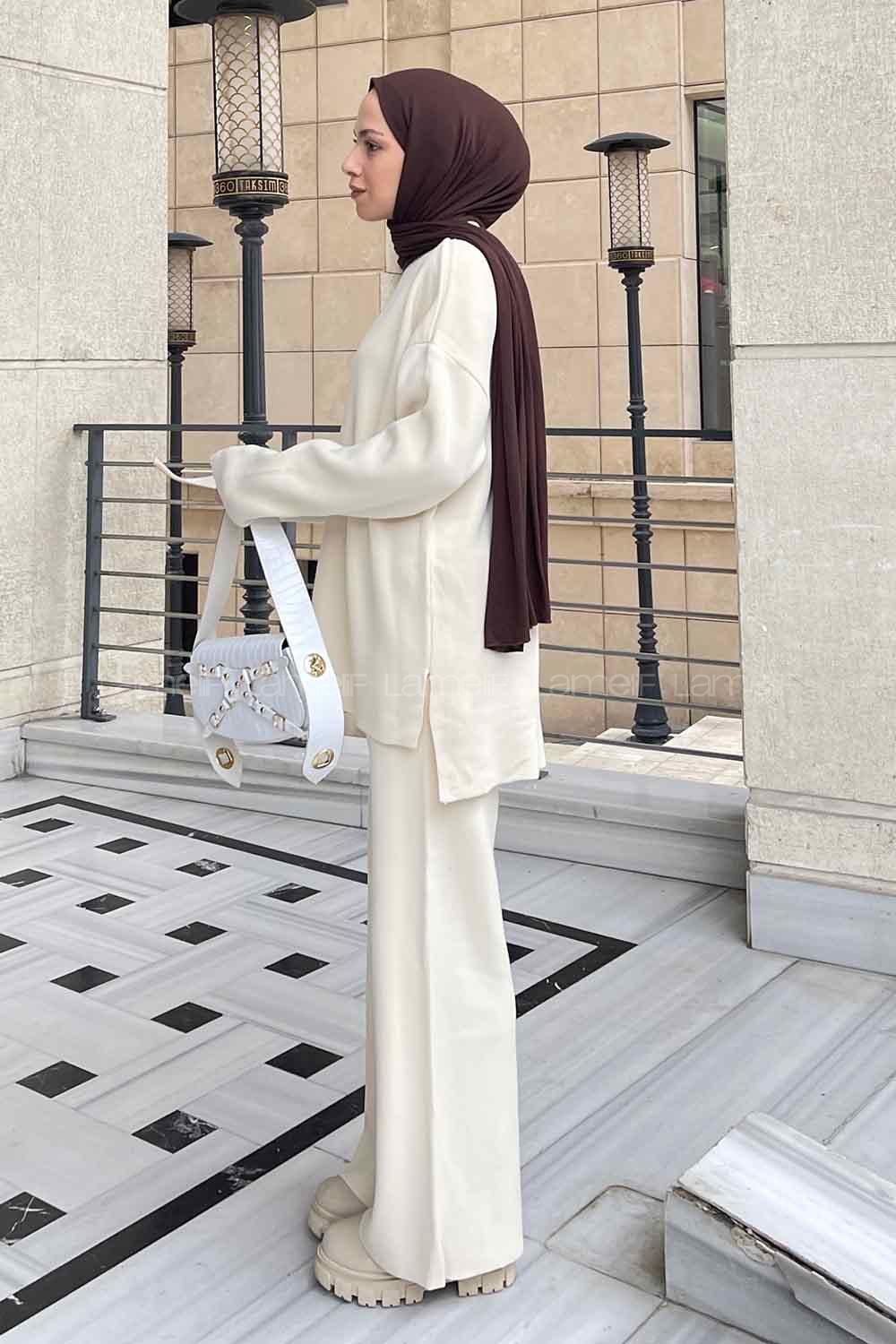 Ecru Choker Neck Long Arm Without Accessories Knitwear Regular Trousers Comfortable Suit