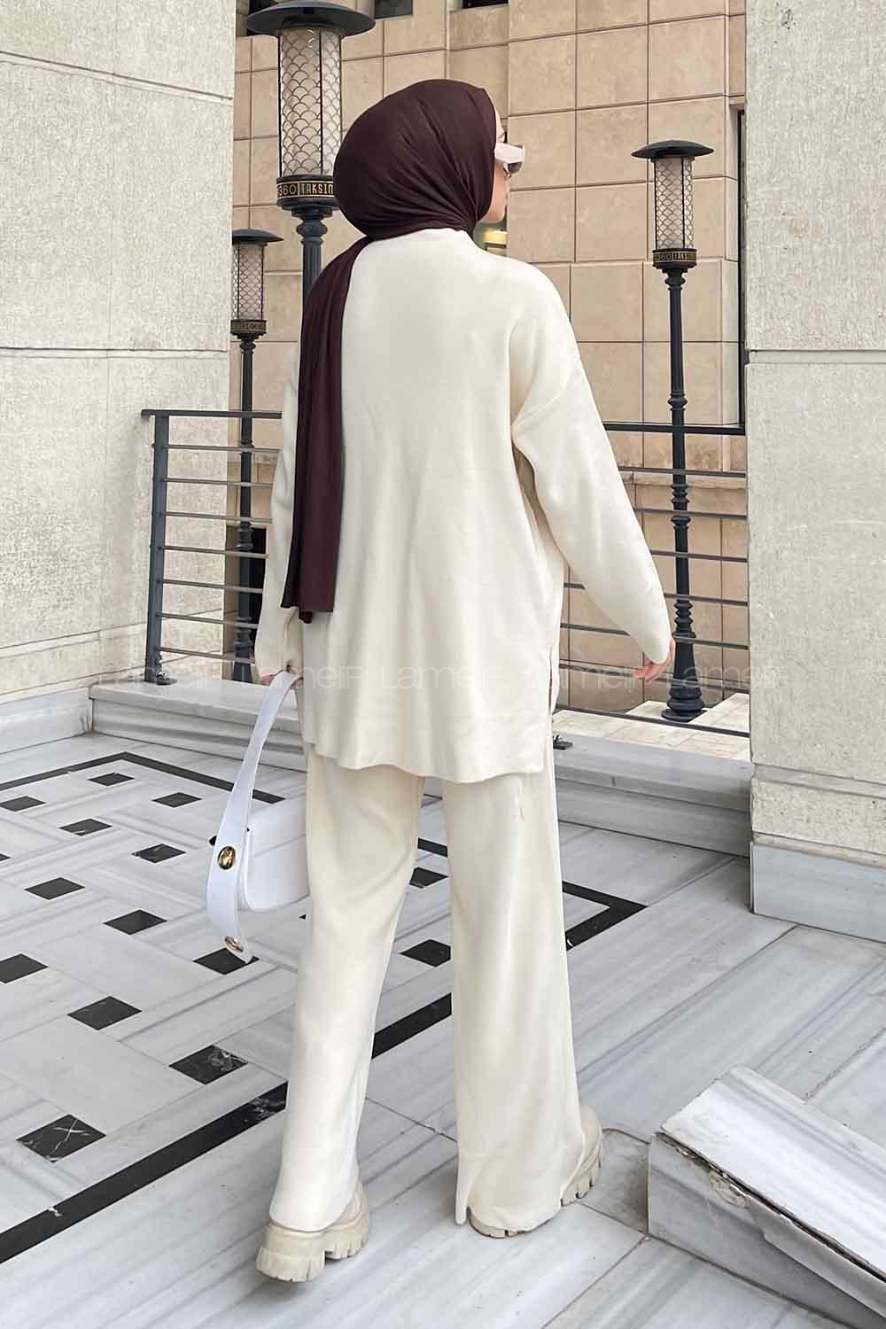 Ecru Choker Neck Long Arm Without Accessories Knitwear Regular Trousers Comfortable Suit