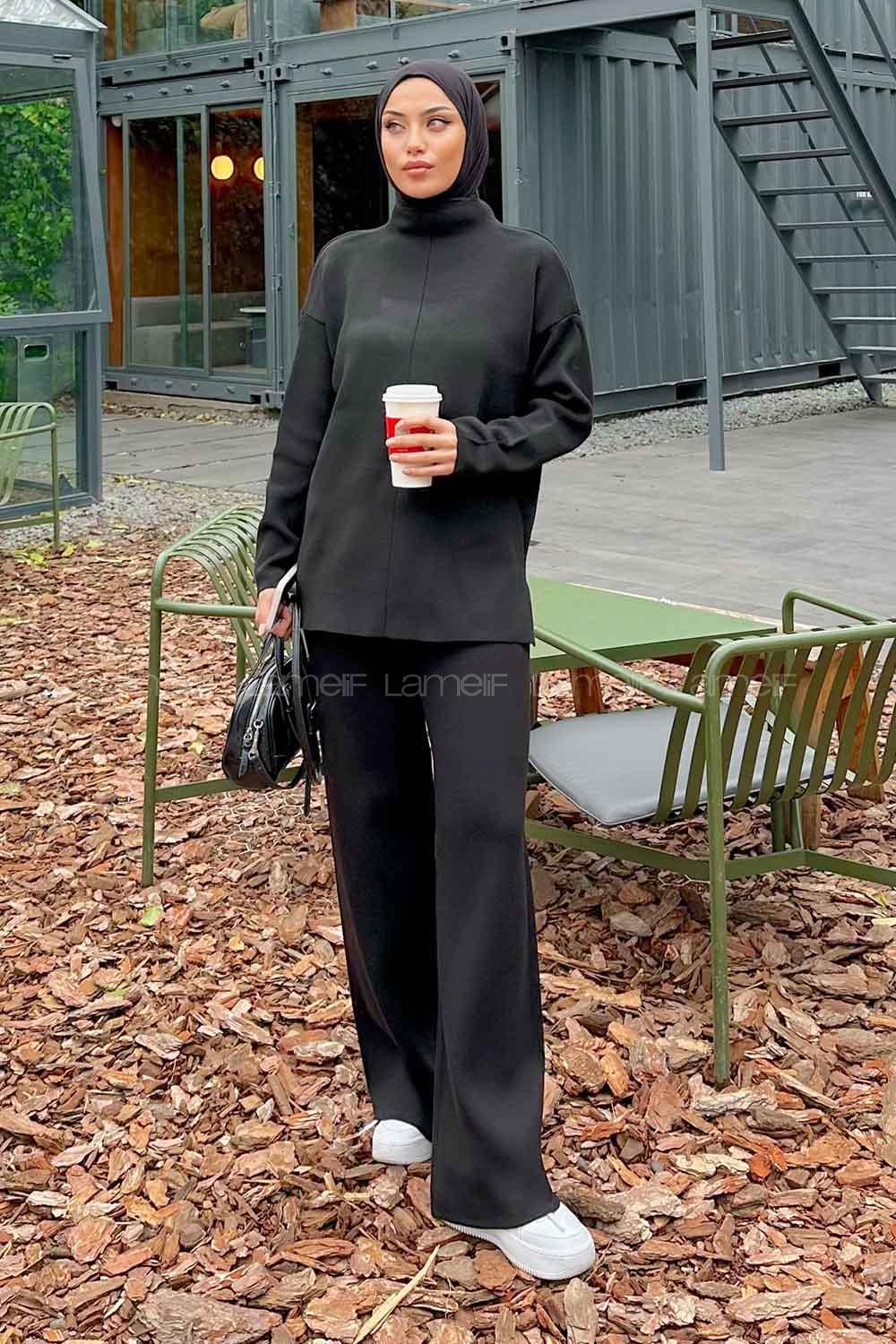 Black Choker Neck Long Arm Without Accessories Knitwear Regular Trousers Comfortable Suit