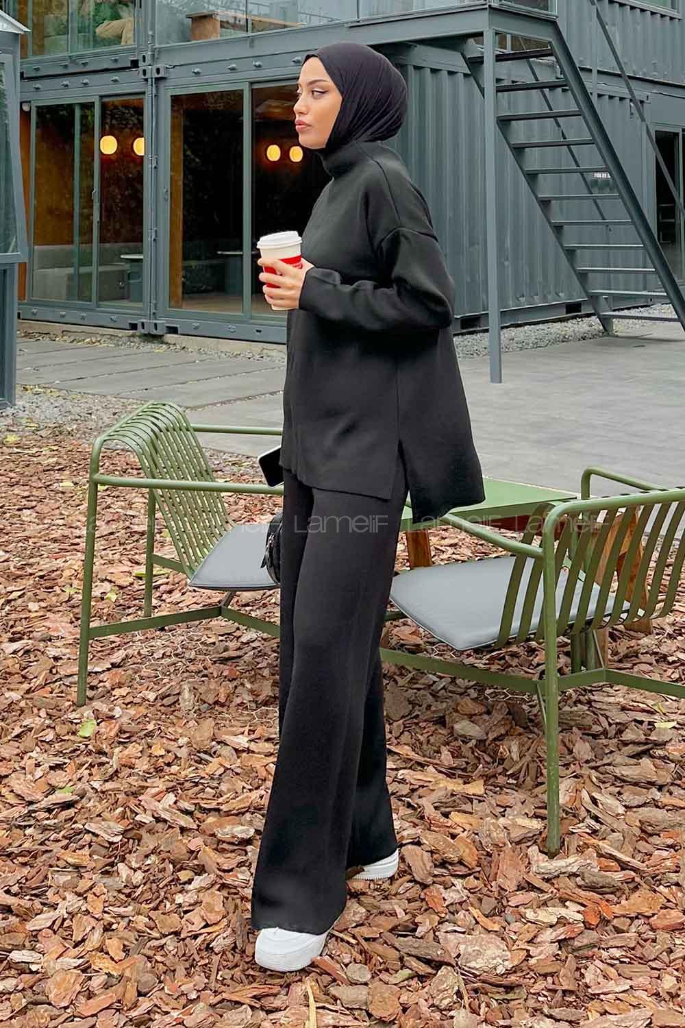 Black Choker Neck Long Arm Without Accessories Knitwear Regular Trousers Comfortable Suit