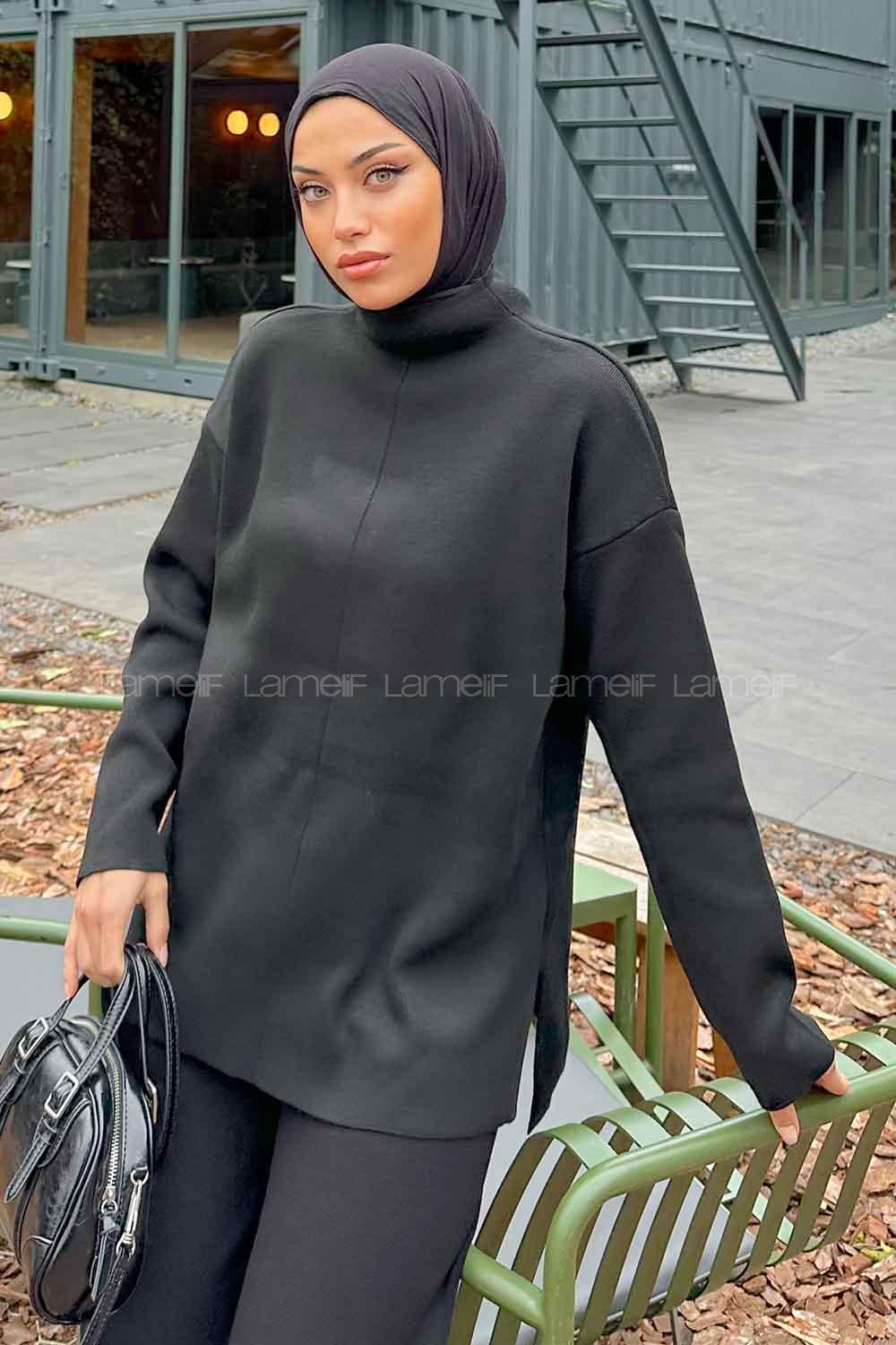 Black Choker Neck Long Arm Without Accessories Knitwear Regular Trousers Comfortable Suit