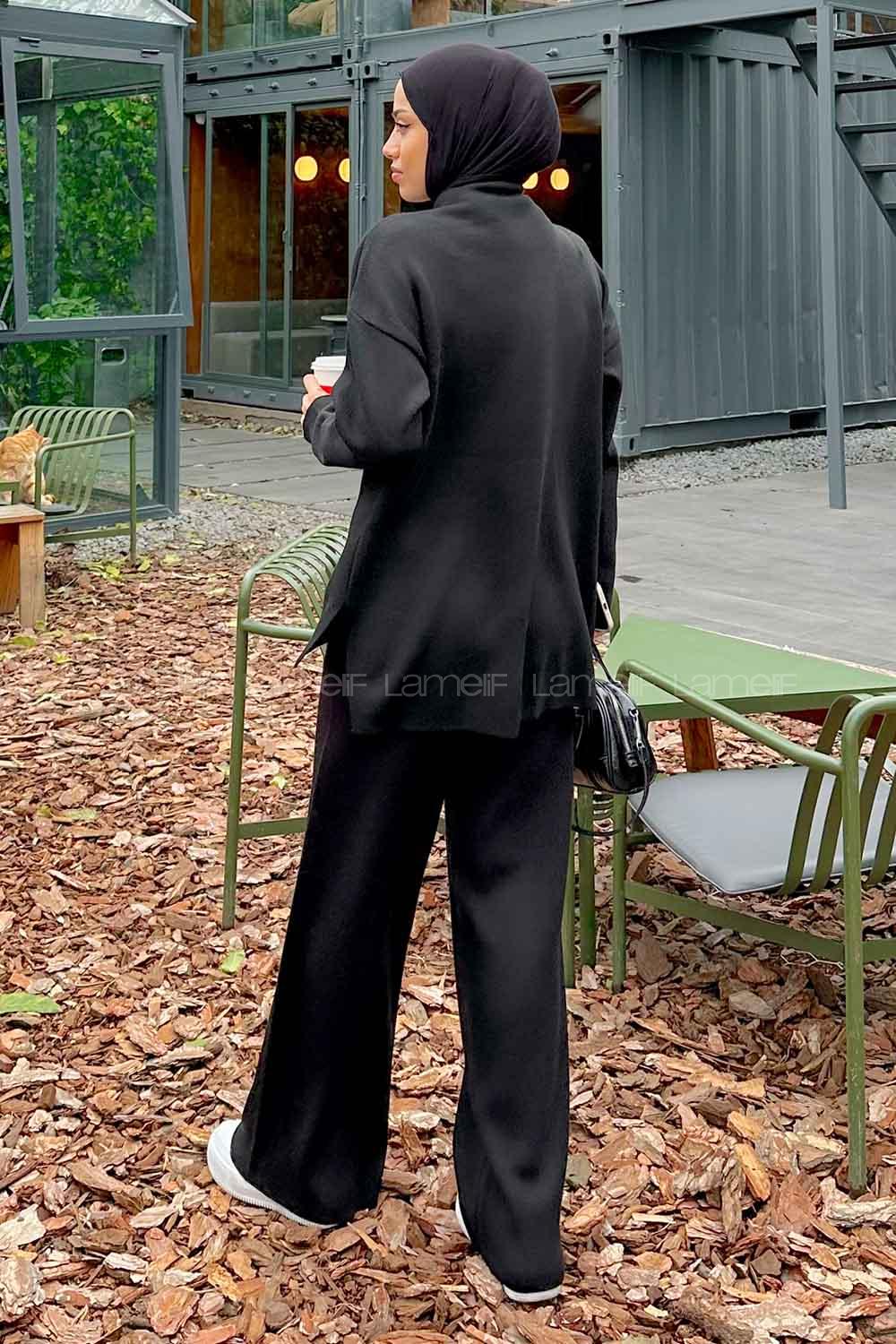 Black Choker Neck Long Arm Without Accessories Knitwear Regular Trousers Comfortable Suit