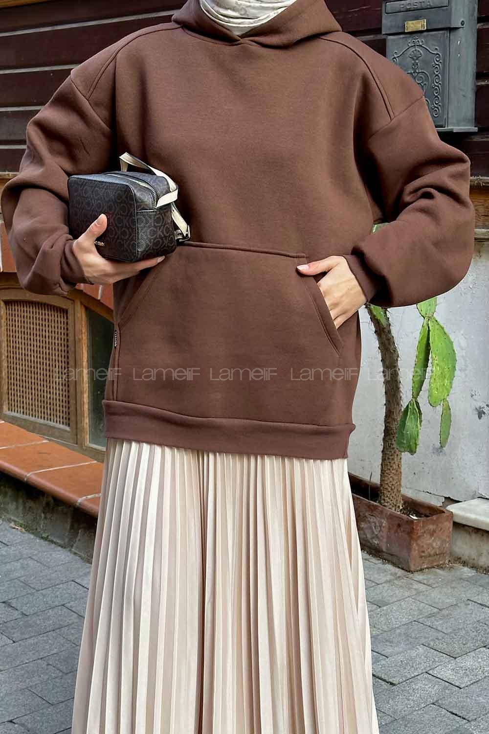 Lamelif Kapüşonlu Sweatshirt Acı Kahve