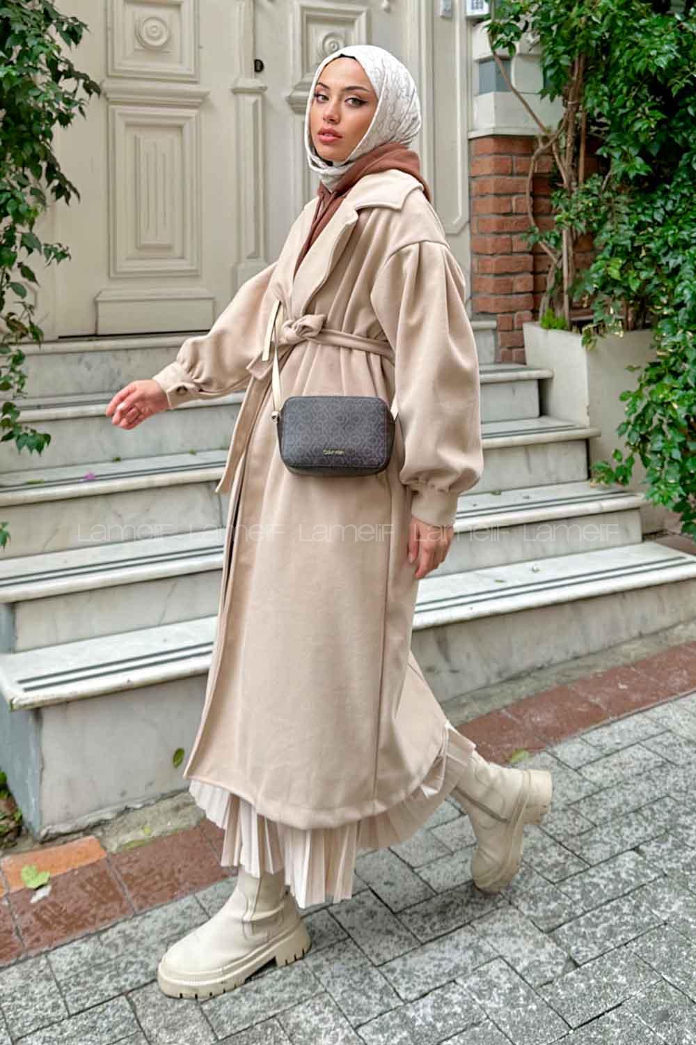 Beige V Neck Balloon Sleeve Arm Stamp Fabric Coat