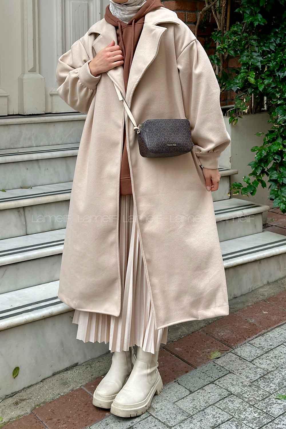 Beige V Neck Balloon Sleeve Arm Stamp Fabric Coat