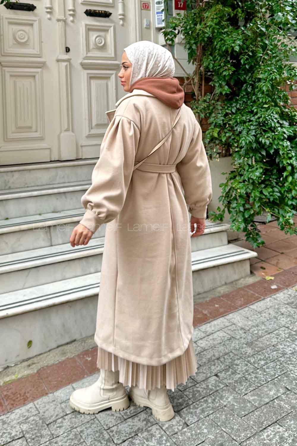 Beige V Neck Balloon Sleeve Arm Stamp Fabric Coat