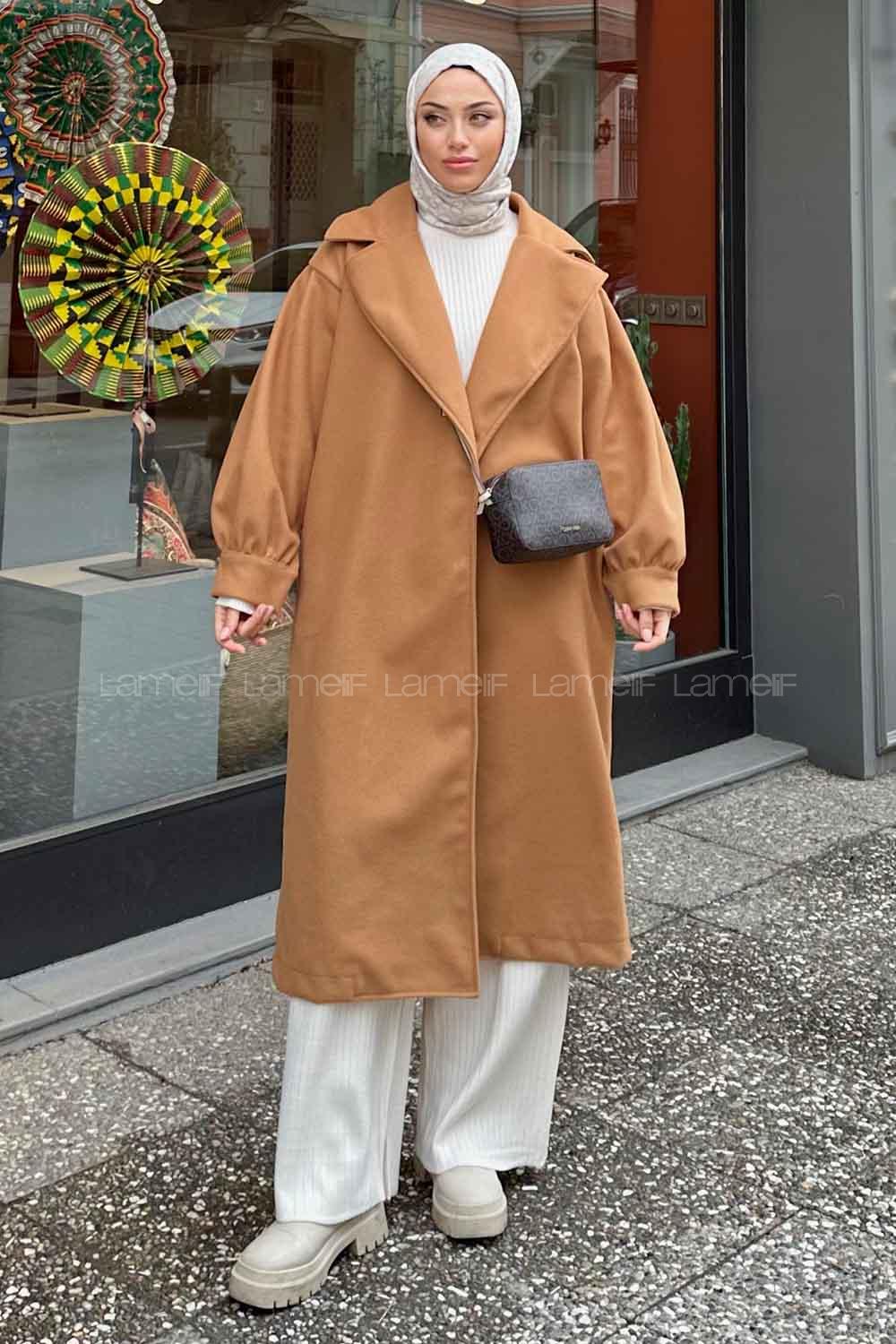 Camel V Neck Balloon Sleeve Arm Stamp Fabric Coat