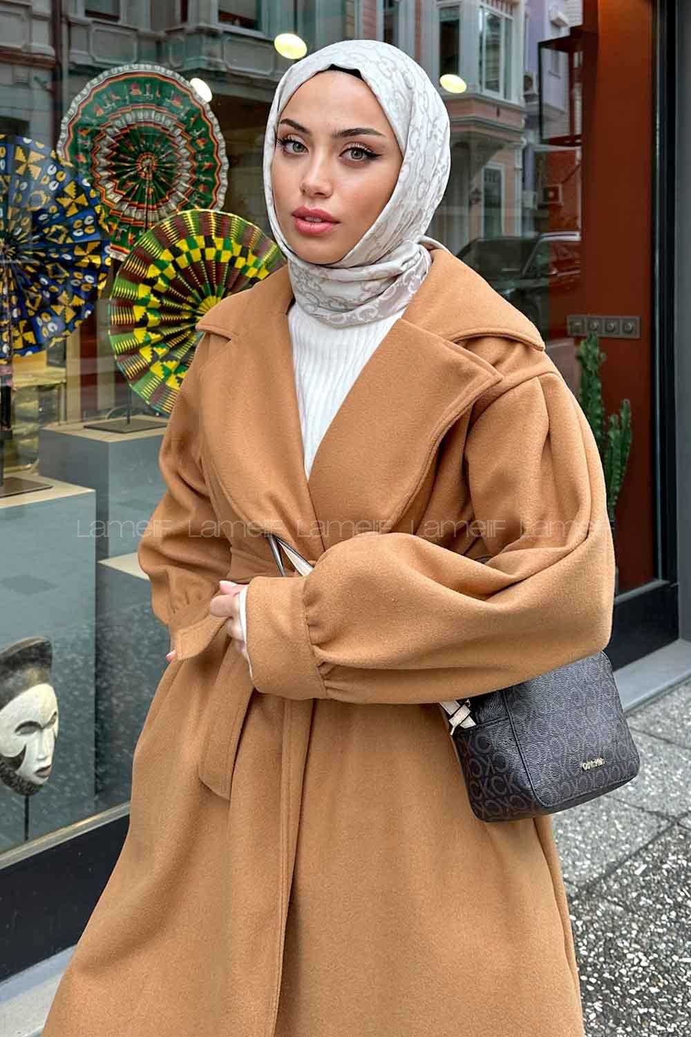 Camel V Neck Balloon Sleeve Arm Stamp Fabric Coat