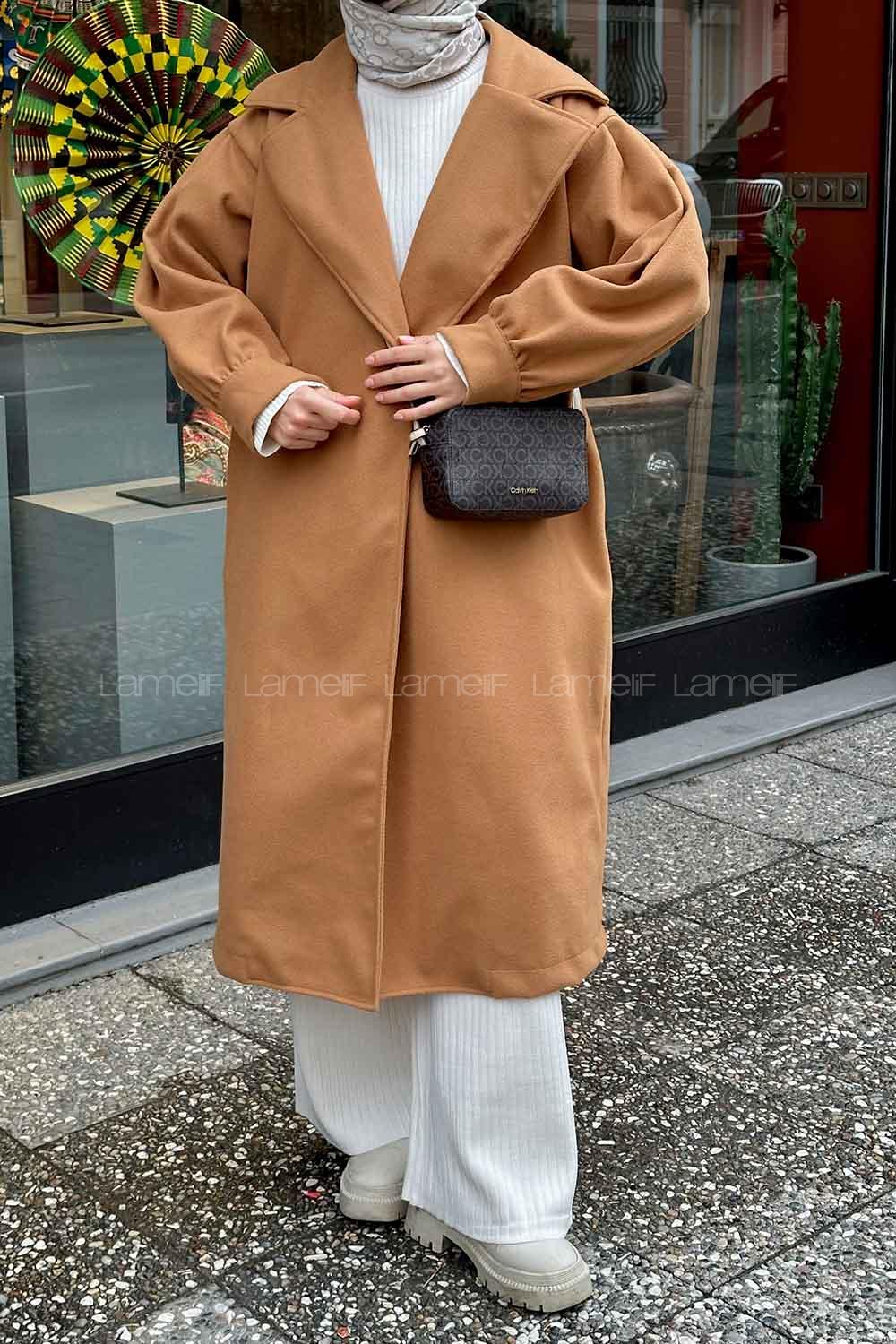 Camel V Neck Balloon Sleeve Arm Stamp Fabric Coat