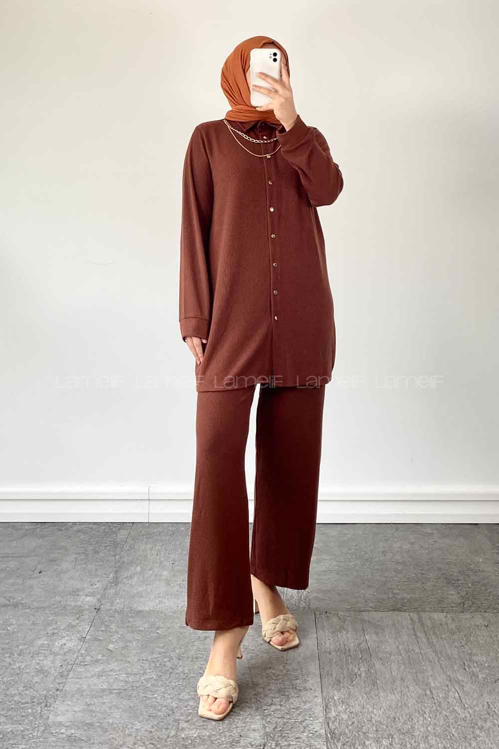 Bitter Brown Shirt Collar Long Arm With Necklace Cotton Cotton Fabric Comfortable Suit