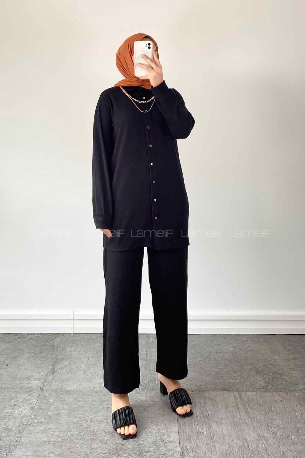 Black Shirt Collar Long Arm With Necklace Cotton Cotton Fabric Comfortable Suit
