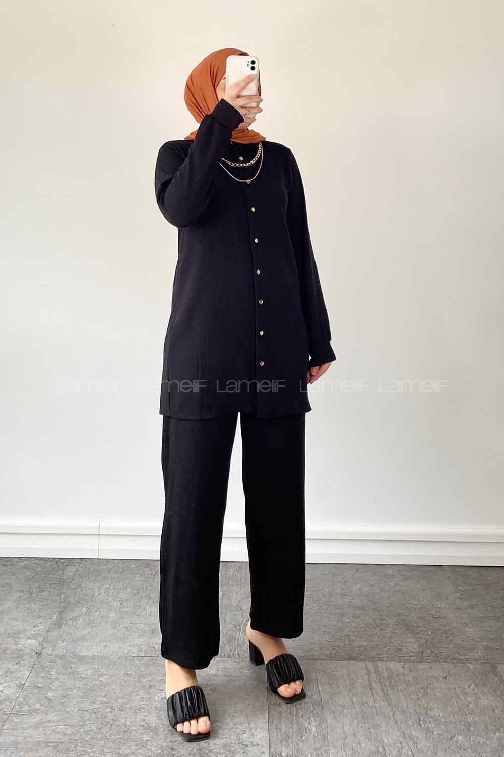 Black Shirt Collar Long Arm With Necklace Cotton Cotton Fabric Comfortable Suit