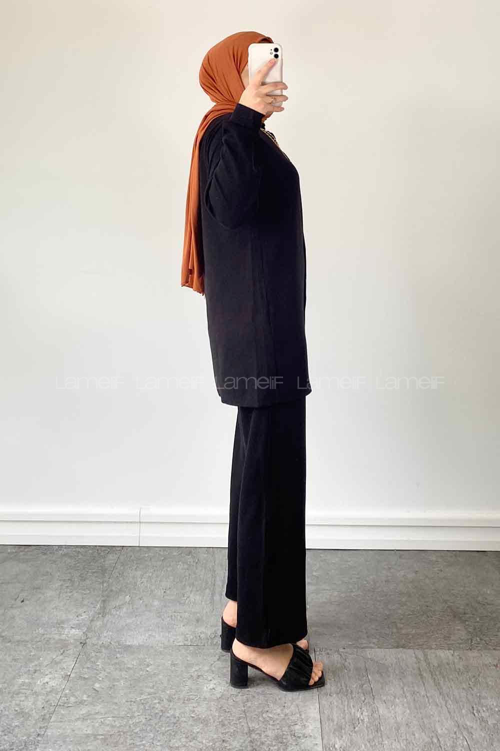 Black Shirt Collar Long Arm With Necklace Cotton Cotton Fabric Comfortable Suit