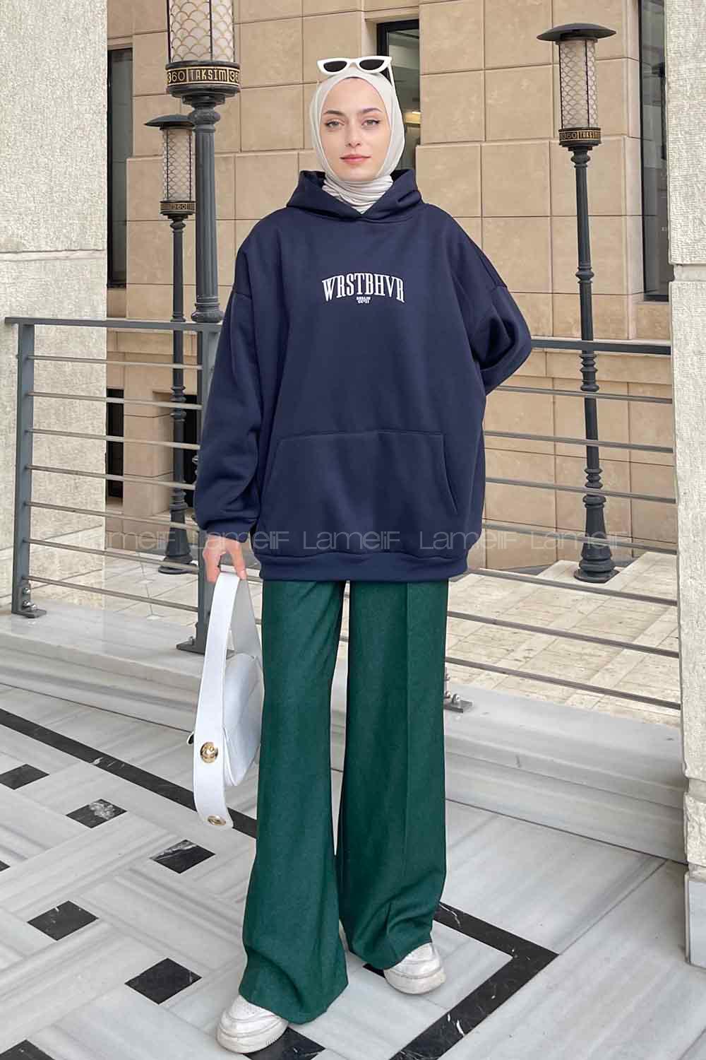 Navy Blue Hood Neck Long Arm Printed Sweatshirt