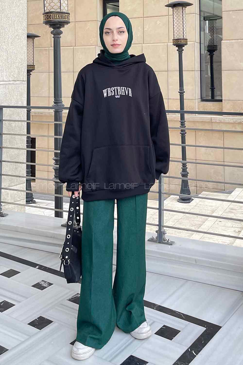 Black Hood Neck Long Arm Printed Sweatshirt