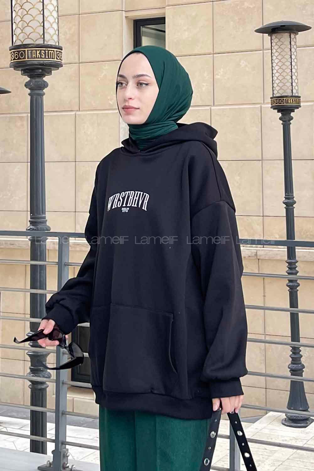 Black Hood Neck Long Arm Printed Sweatshirt