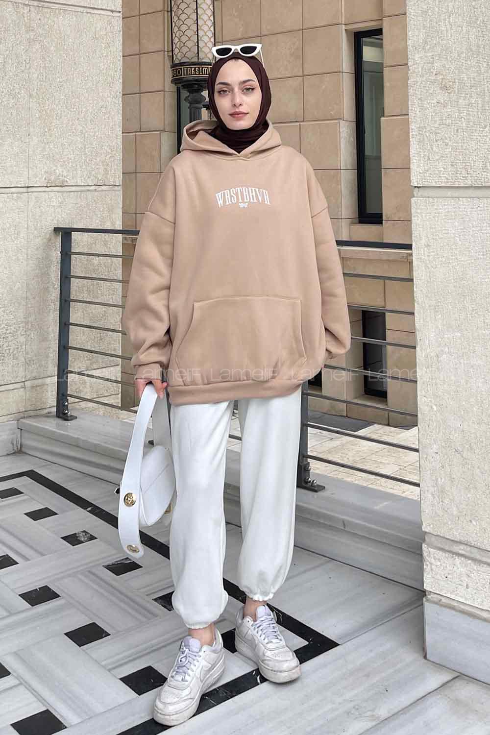 Brown With Milk Hood Neck Long Arm Printed Sweatshirt
