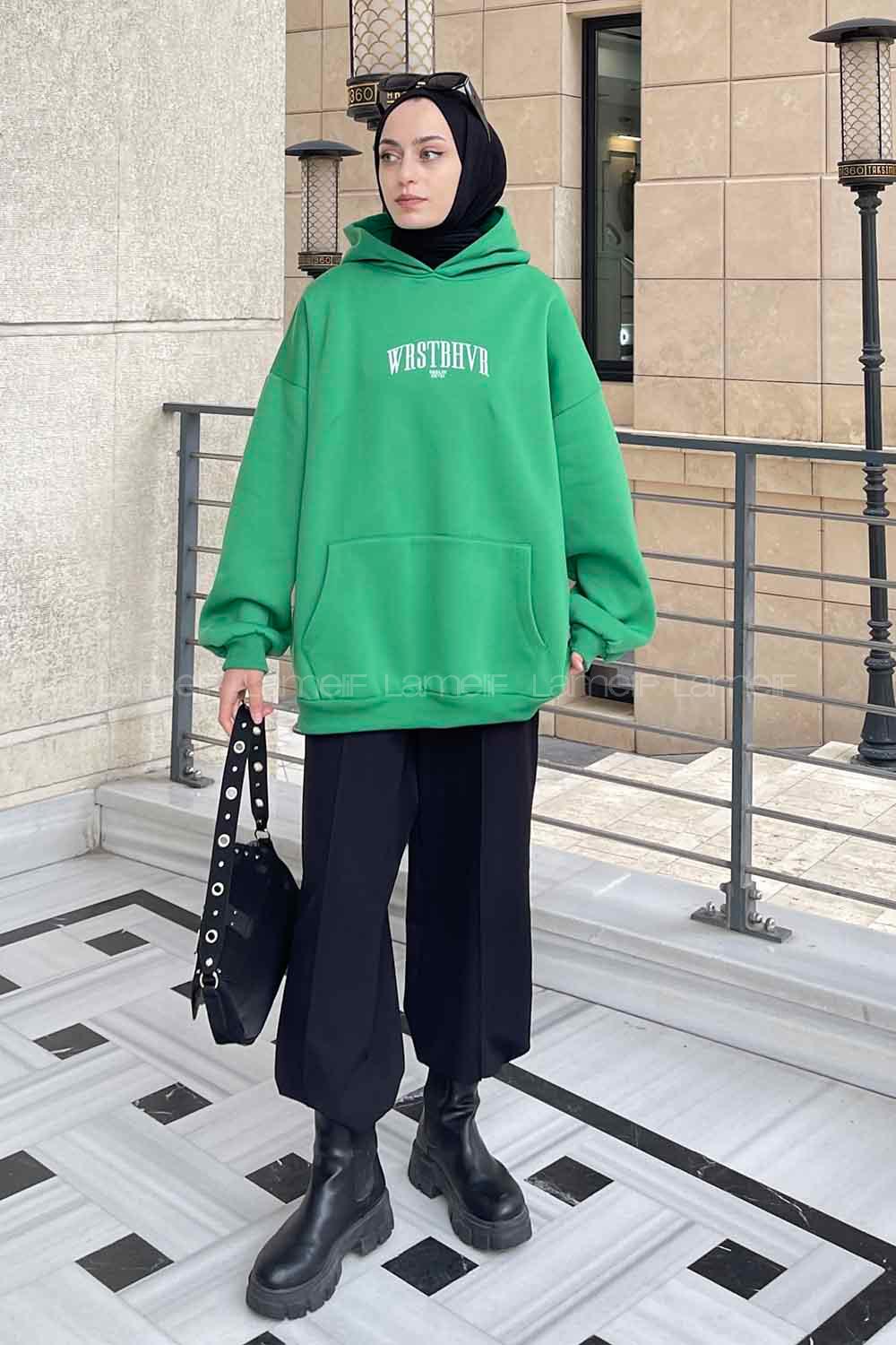 Green Hood Neck Long Arm Printed Sweatshirt