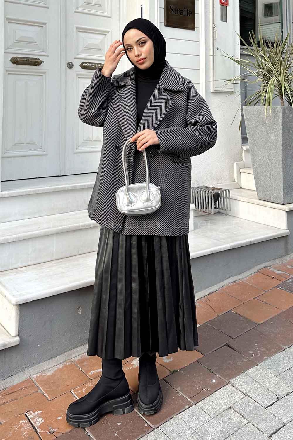 Modalamelif Zikzak Desen Balık Sırtı Kaban Antrasit