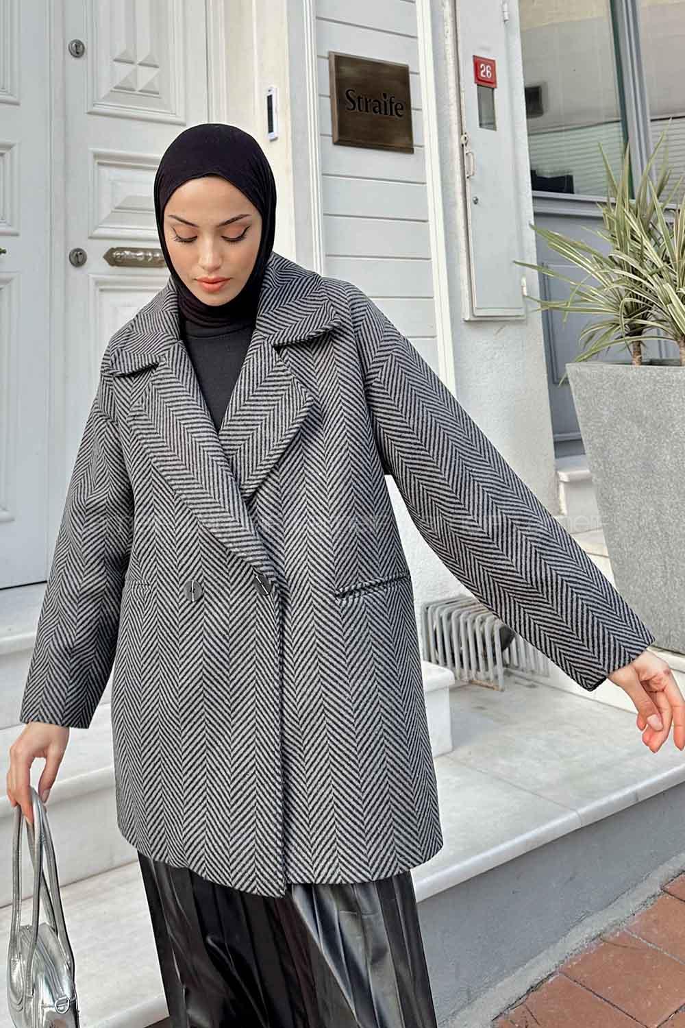 Modalamelif Zikzak Desen Balık Sırtı Kaban Antrasit