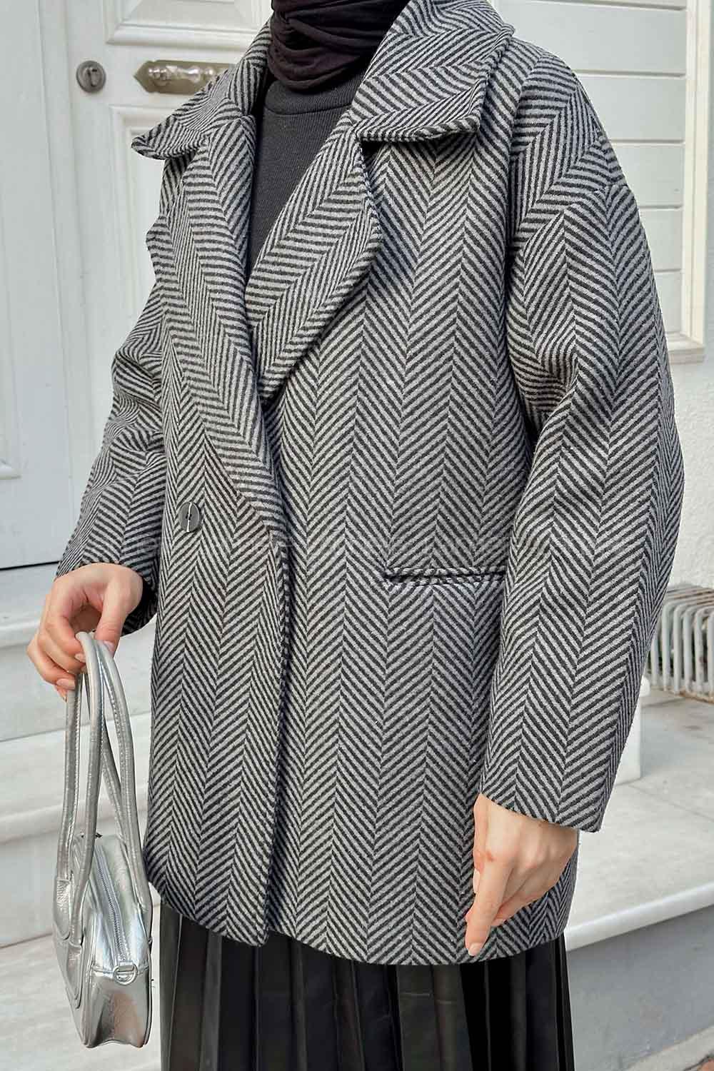 Modalamelif Zikzak Desen Balık Sırtı Kaban Antrasit