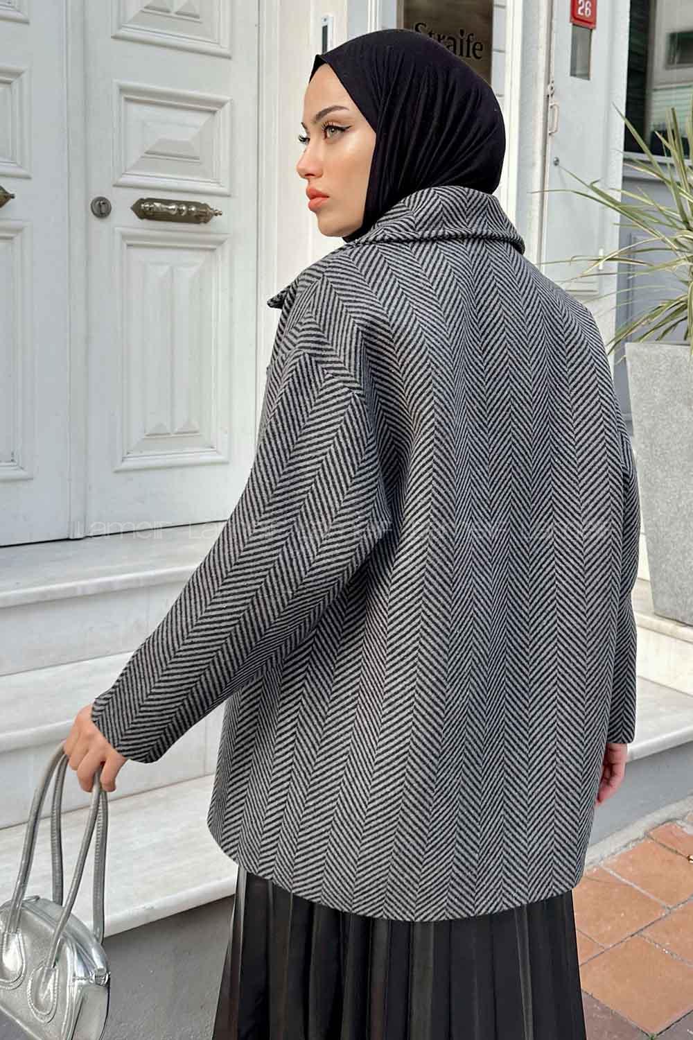 Modalamelif Zikzak Desen Balık Sırtı Kaban Antrasit