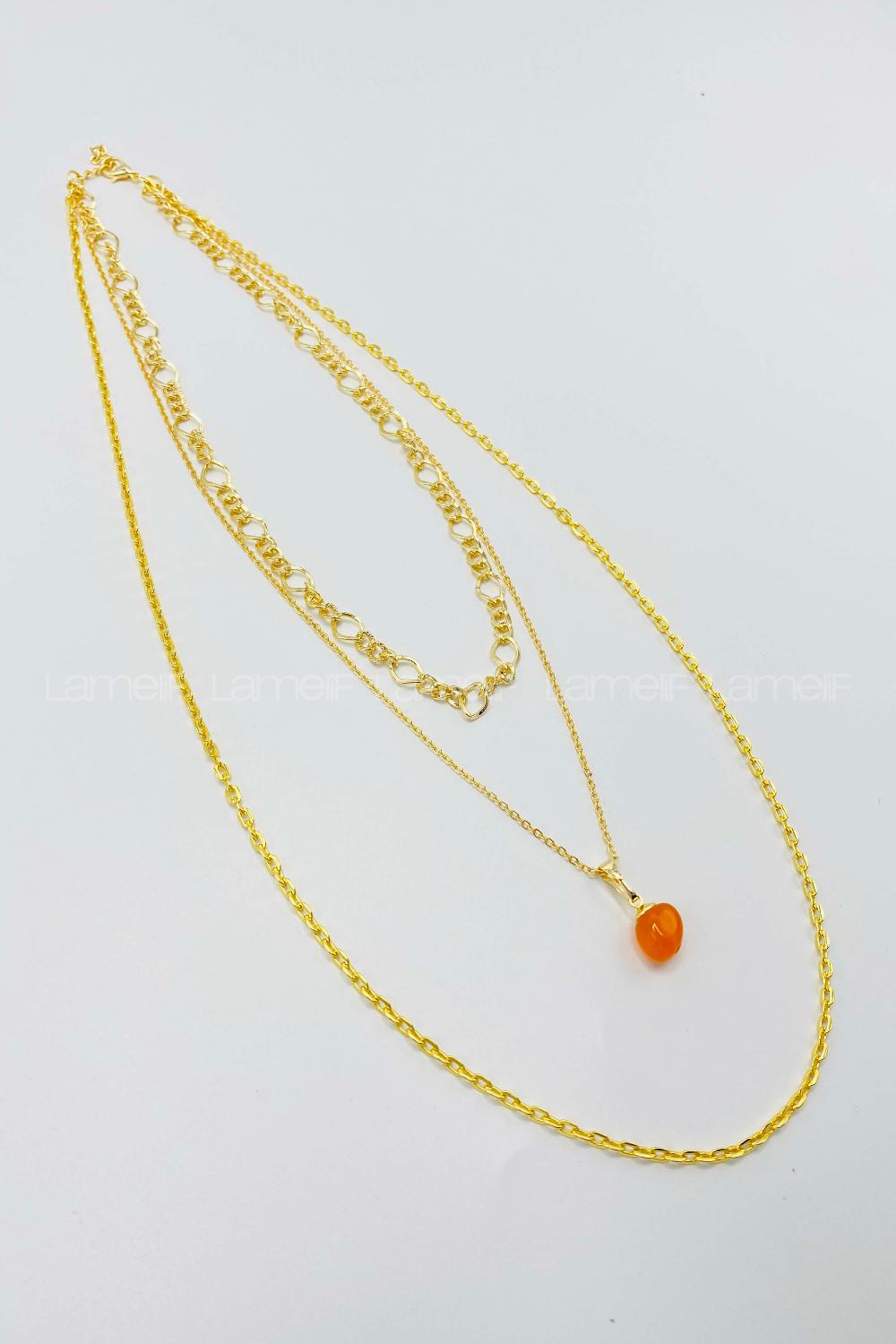 Lamelif Gold 3lü Doğaltaşlı Kolye