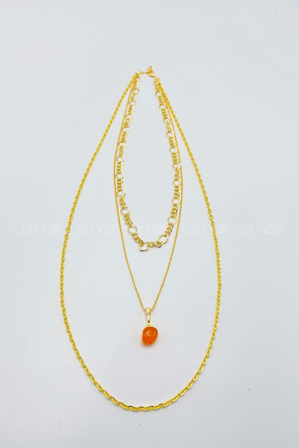 Lamelif Gold 3lü Doğaltaşlı Kolye
