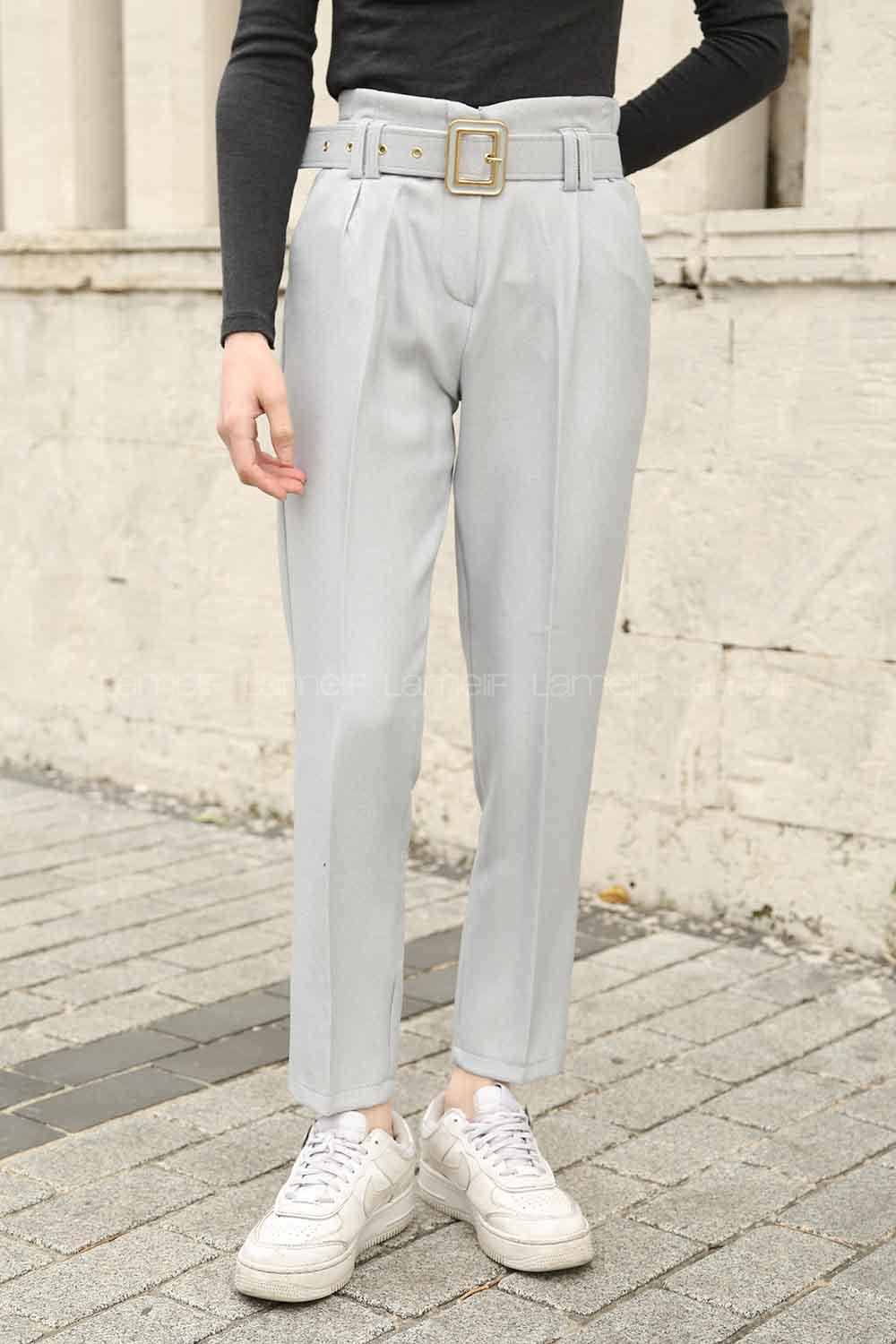 Modalamelif Gold Kemerli Keten Pantolon Gri