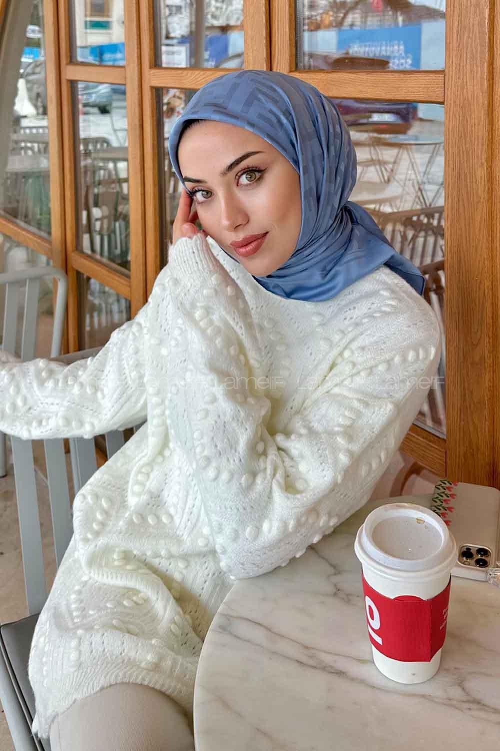 Lamelif F Desen Jakar Eşarp Kot Mavisi