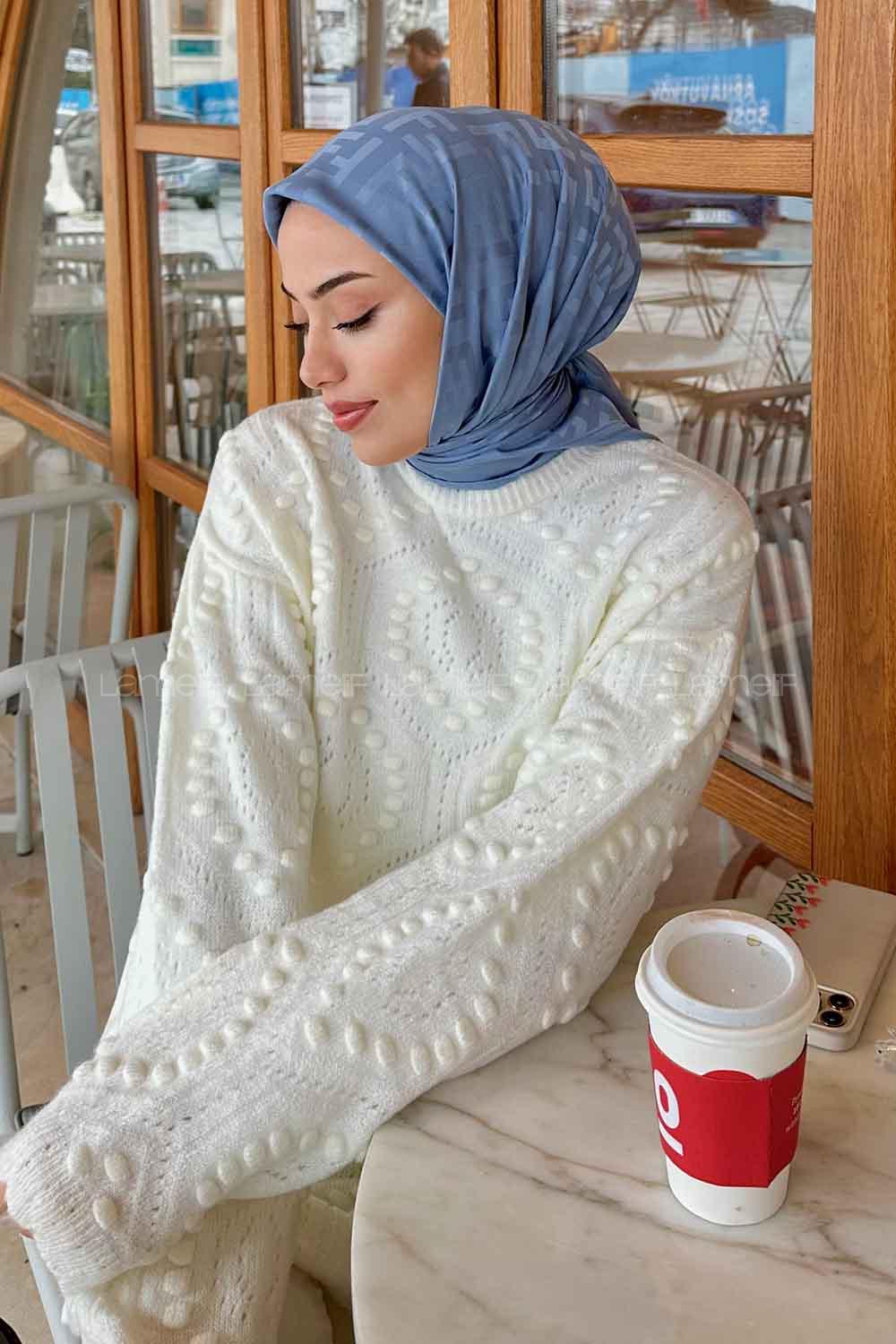 Lamelif F Desen Jakar Eşarp Kot Mavisi