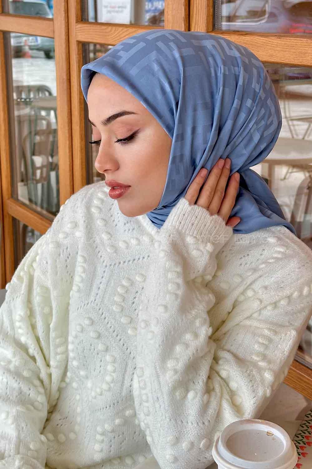 Lamelif F Desen Jakar Eşarp Kot Mavisi