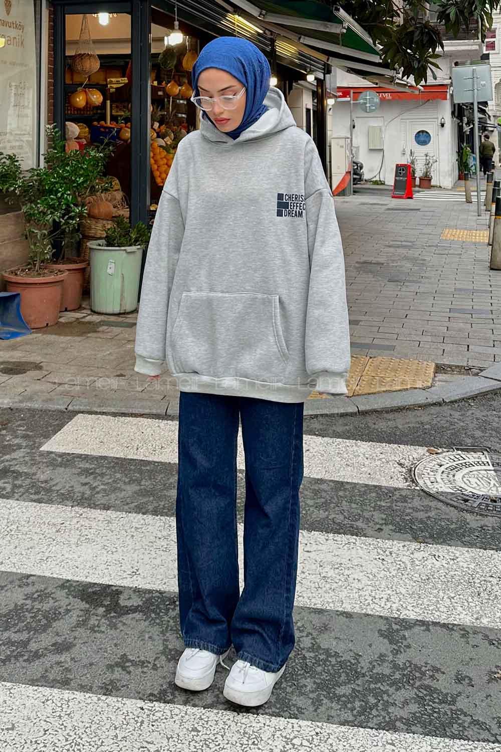 Gray Hood Neck Long Arm Printed Sweatshirt