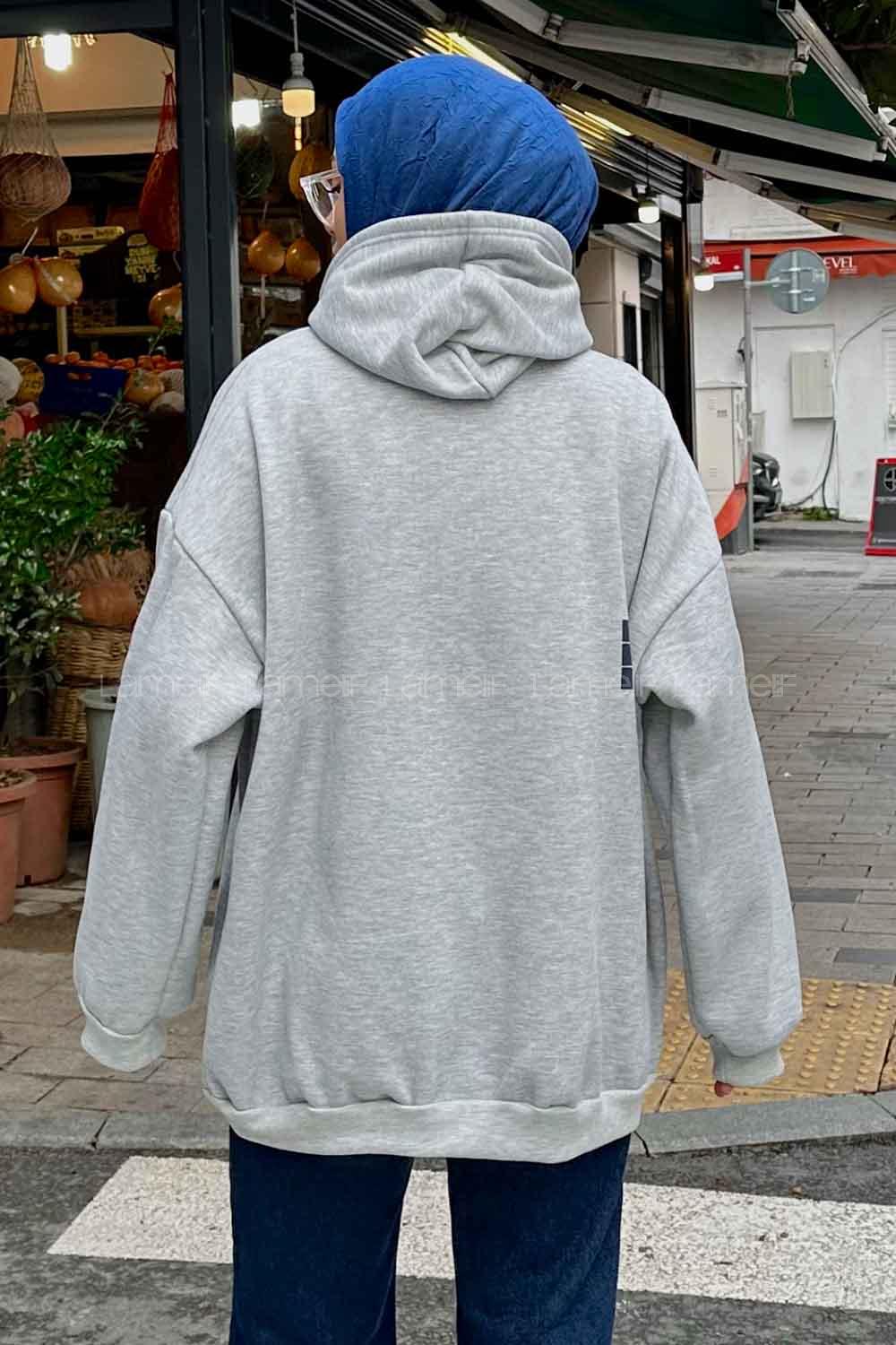 Gray Hood Neck Long Arm Printed Sweatshirt