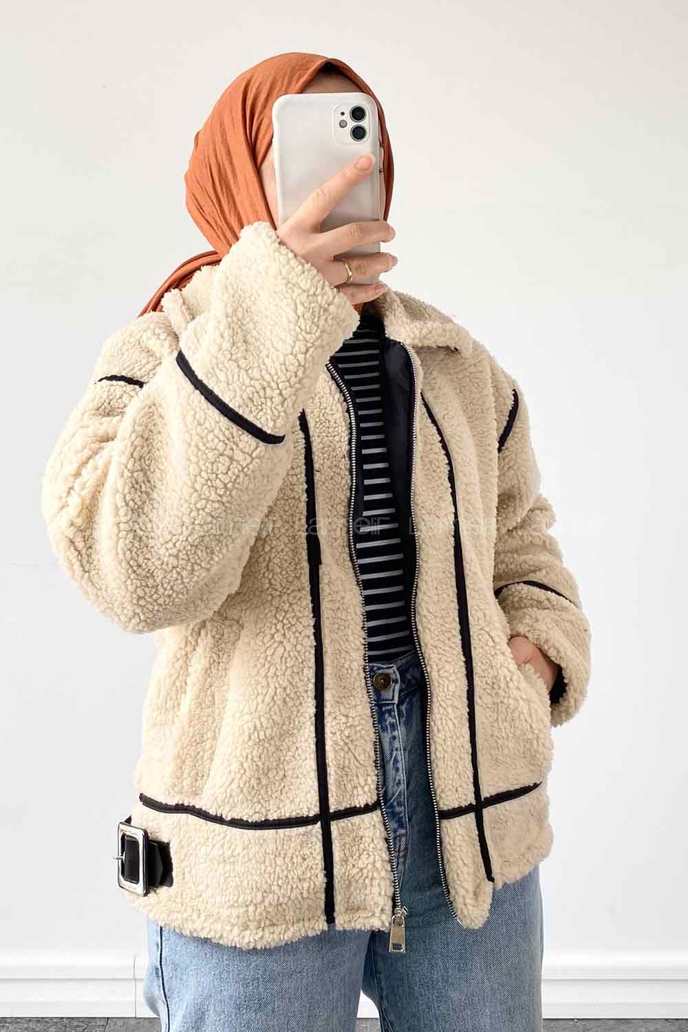 Lamelif Deri ve Kürk Detaylı Dara Mont Taş Rengi