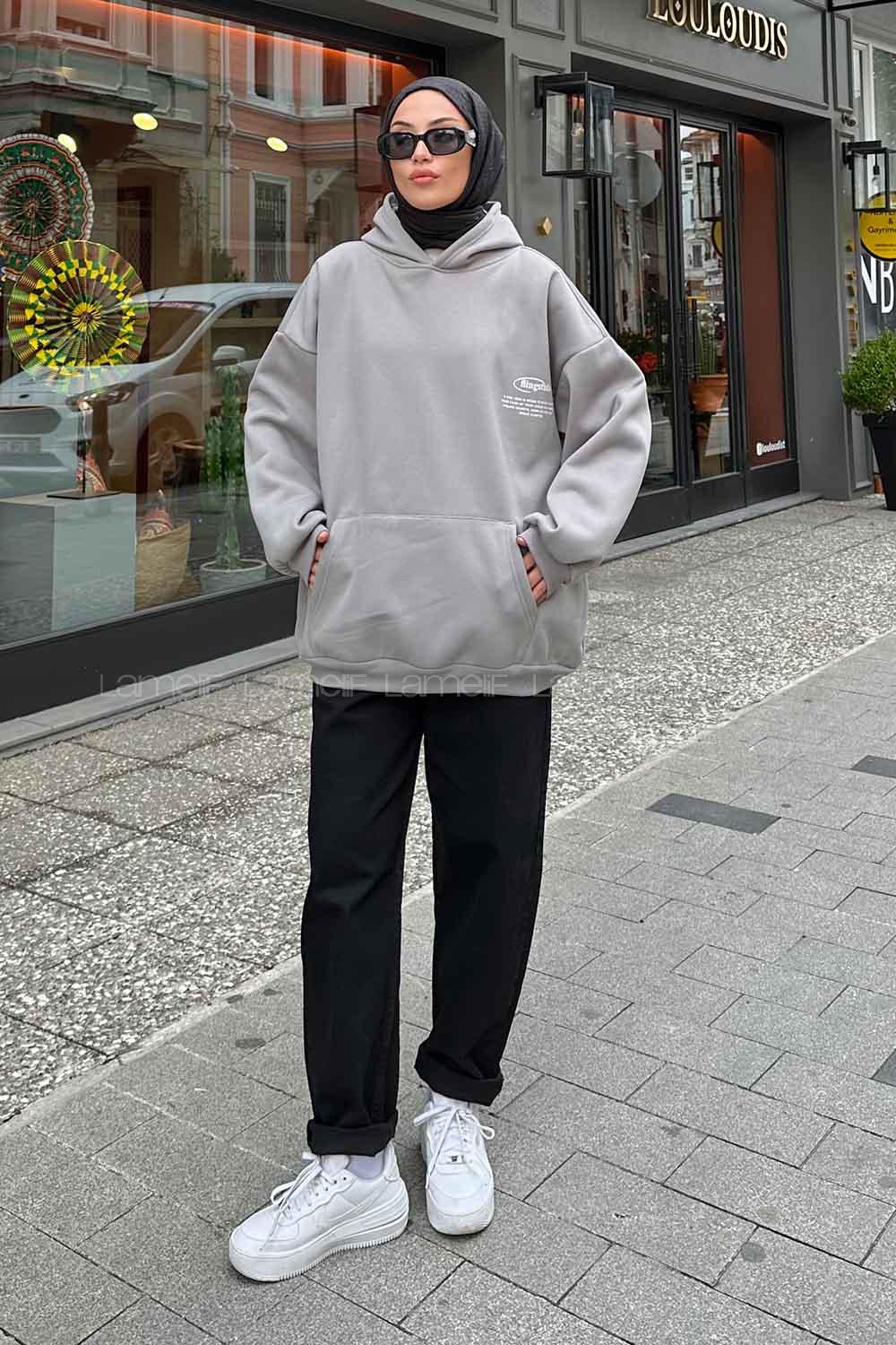 Anthracite Hood Neck Long Arm Printed Sweatshirt