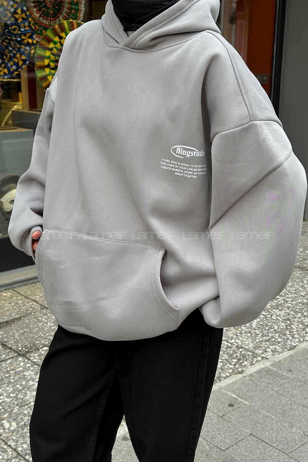 Anthracite Hood Neck Long Arm Printed Sweatshirt