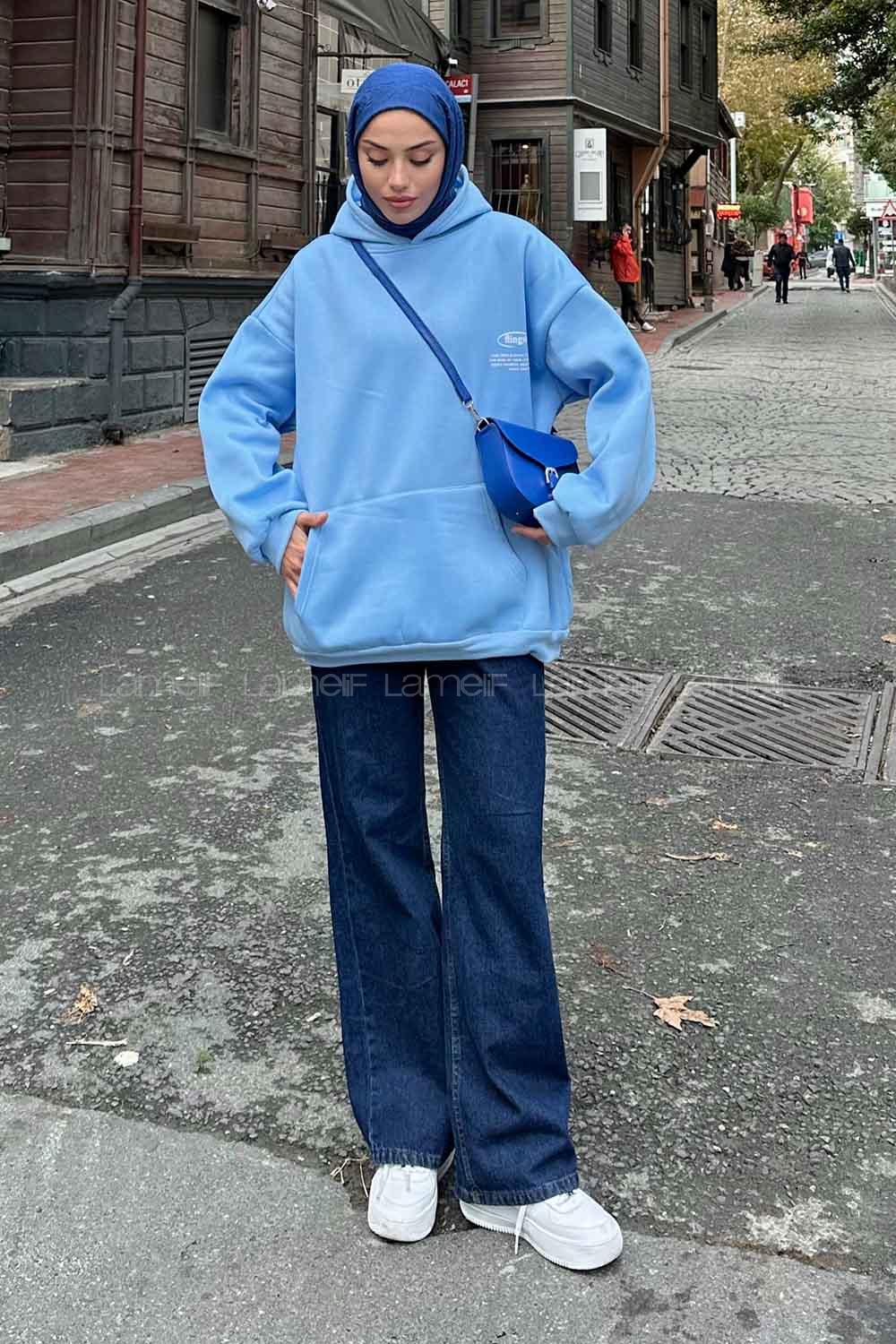 Baby Blue Hood Neck Long Arm Printed Sweatshirt
