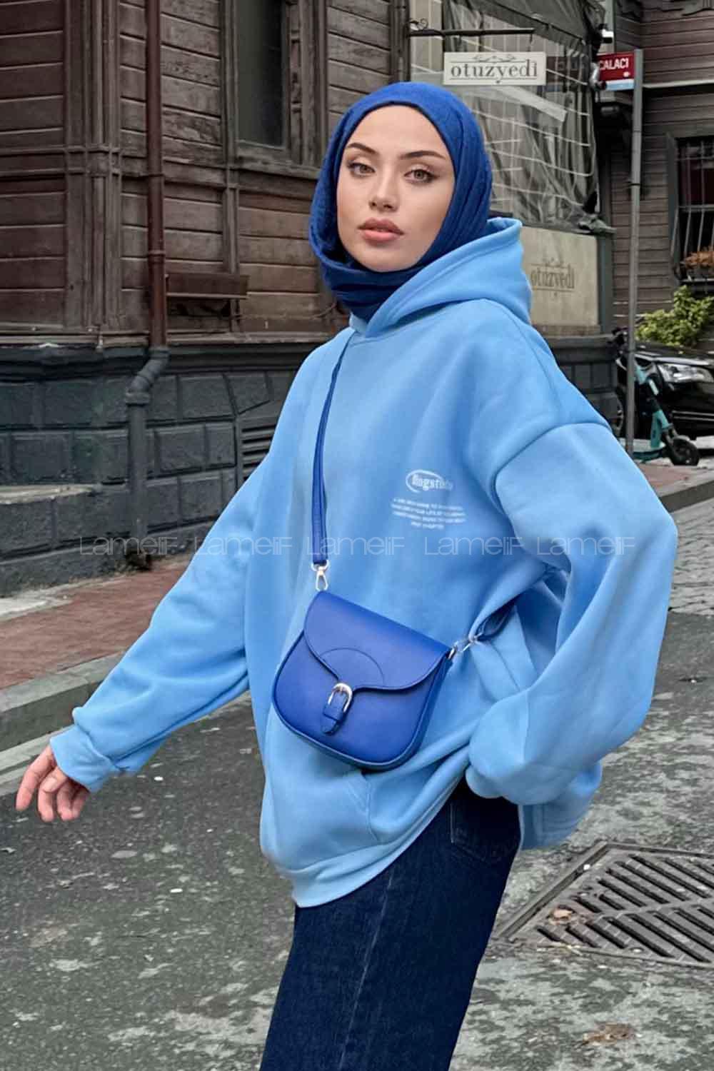 Baby Blue Hood Neck Long Arm Printed Sweatshirt