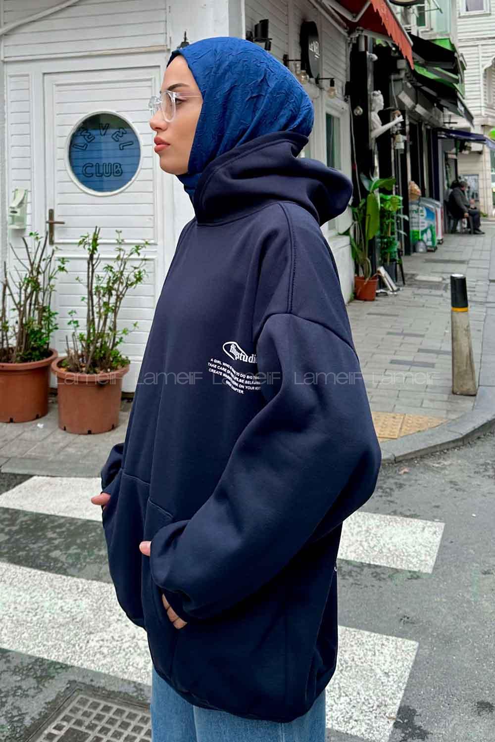 Navy Blue Hood Neck Long Arm Printed Sweatshirt