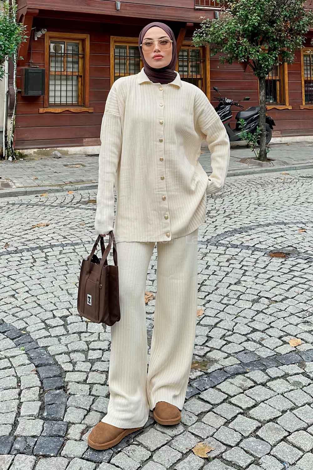 Ecru Shirt Collar Long Arm Without Accessories Knitwear Regular Trousers Comfortable Suit