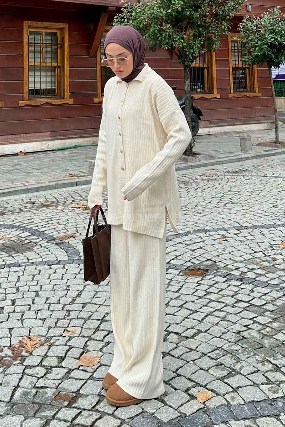 Ecru Shirt Collar Long Arm Without Accessories Knitwear Regular Trousers Comfortable Suit