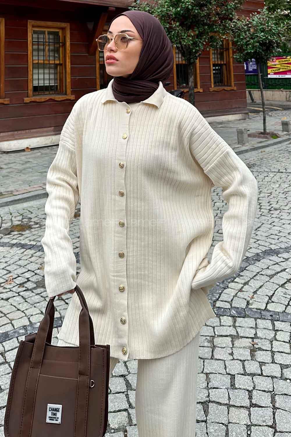 Ecru Shirt Collar Long Arm Without Accessories Knitwear Regular Trousers Comfortable Suit