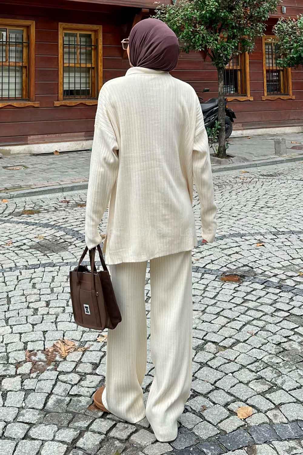 Ecru Shirt Collar Long Arm Without Accessories Knitwear Regular Trousers Comfortable Suit