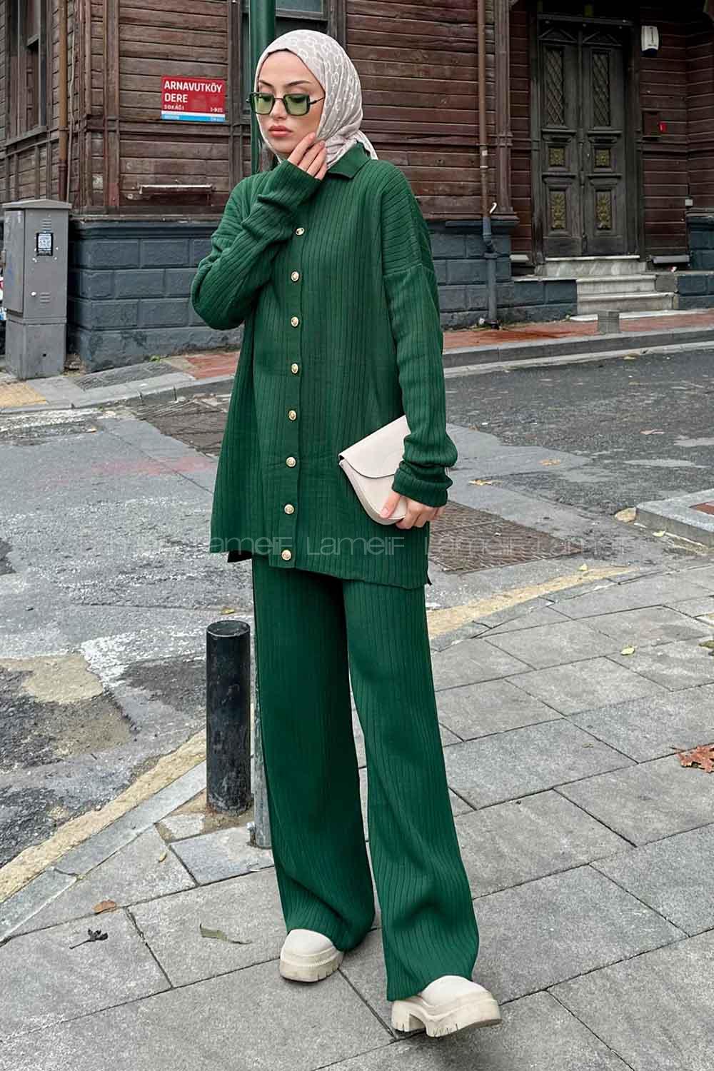 Lamelif  Polo Yaka Düğmeli Tesettür Takım Zümrüt
