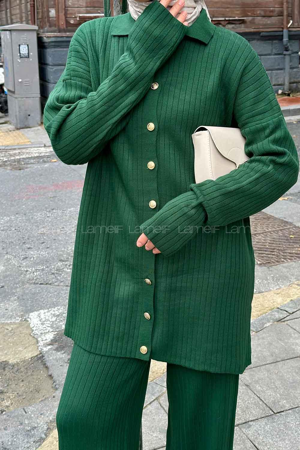 Lamelif  Polo Yaka Düğmeli Tesettür Takım Zümrüt