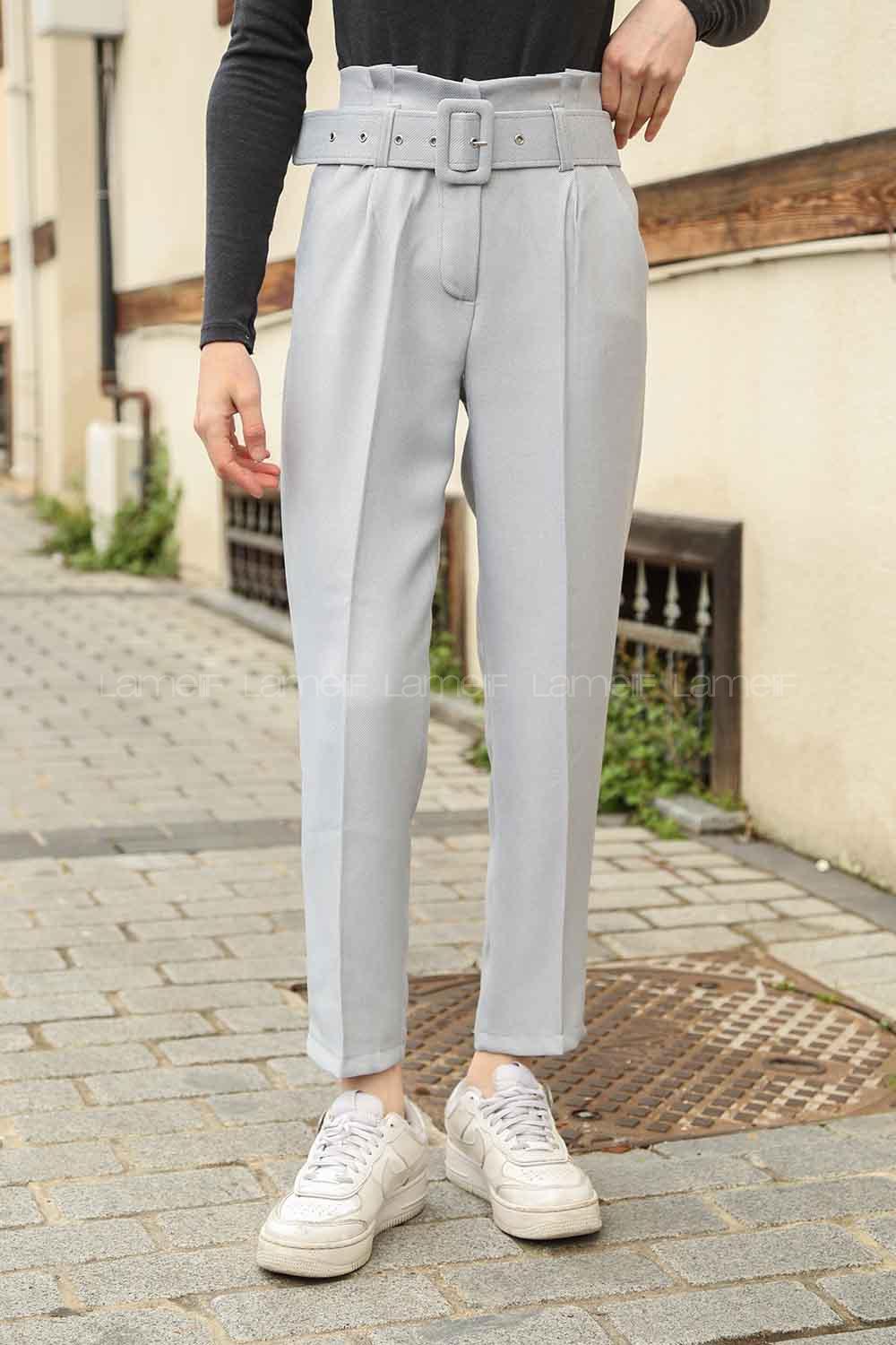 Modalamelif Kaplama Kemerli Pantolon Gri