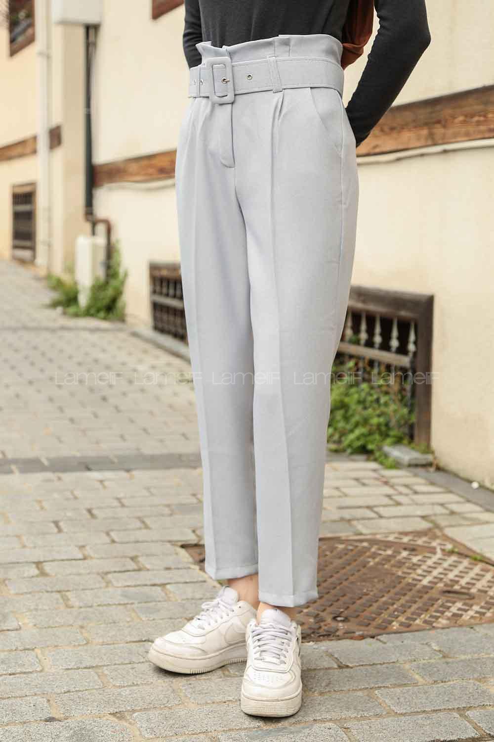 Modalamelif Kaplama Kemerli Pantolon Gri