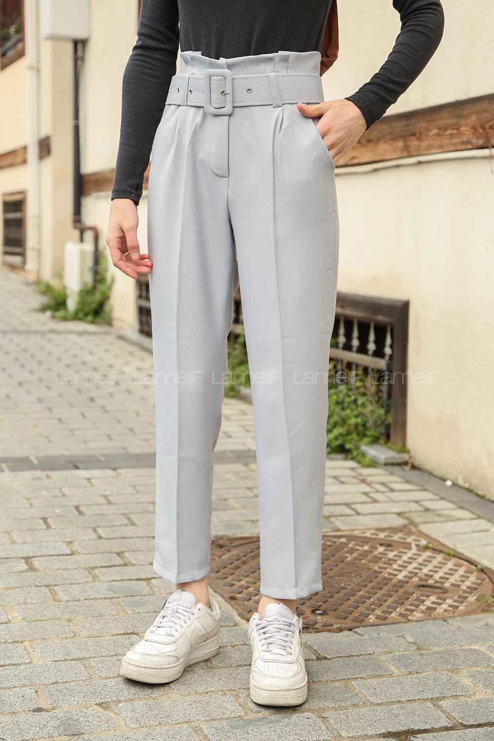 Modalamelif Kaplama Kemerli Pantolon Gri