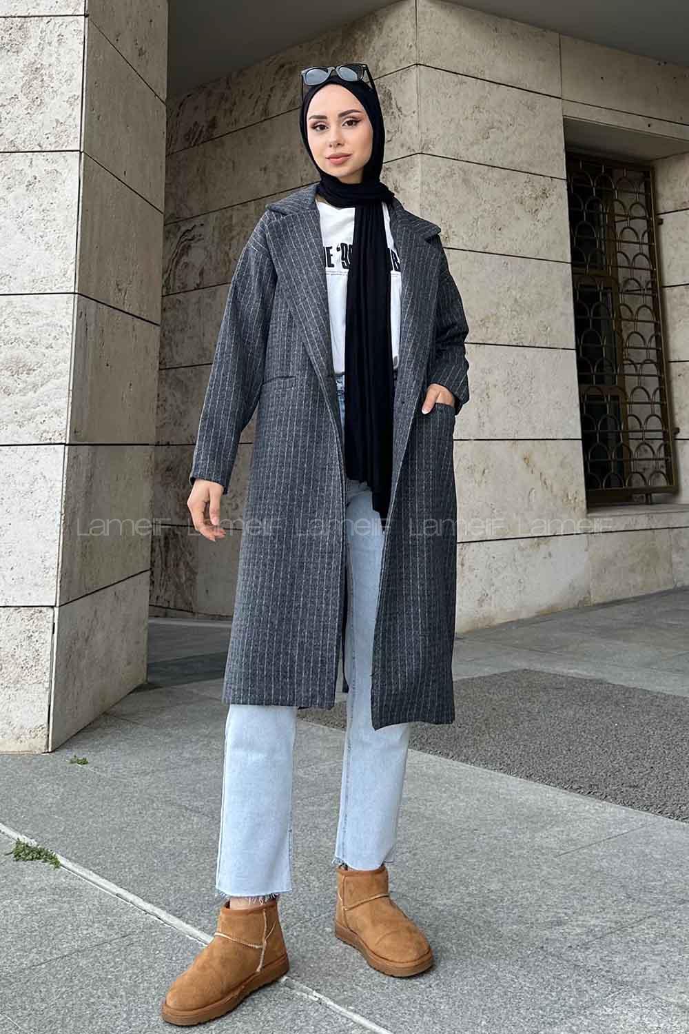 Lamelif Kruvaze Yaka Çizgili Kaban Antrasit